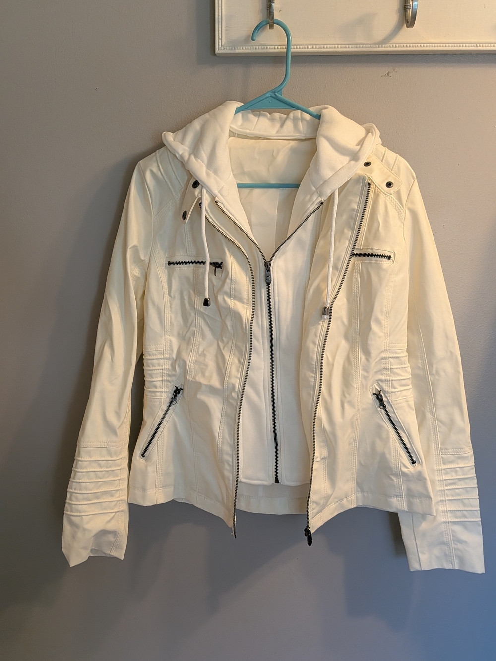 Women's White Moto Style Jacket with Detachable-Look Hoodie - Picture 3 of 4